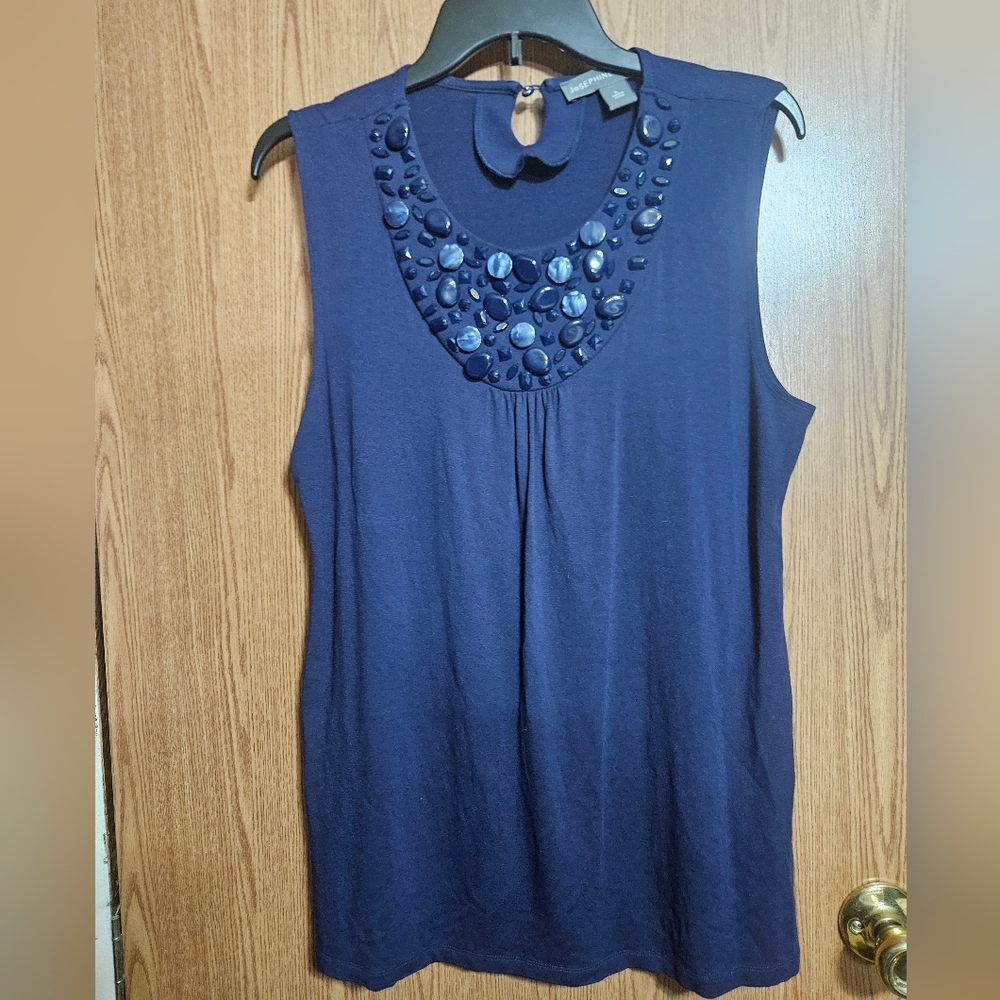 Josephine Chaus Navy Sleeveless Blouse Neckline Embellishments Size Large!